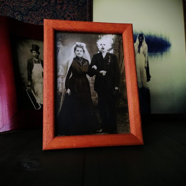 Spooky Picture Flaming Husband in Old Wooden Frame