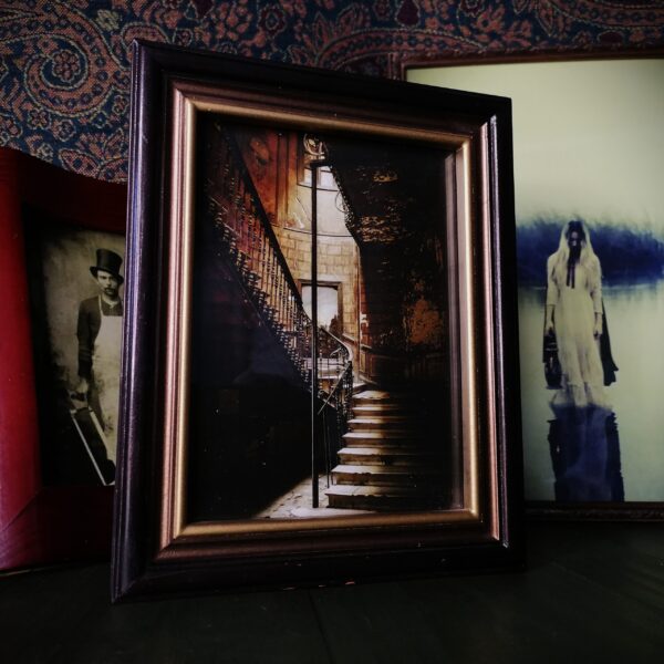 Vintage Photo Gothic Staircase in Old Wooden Frame