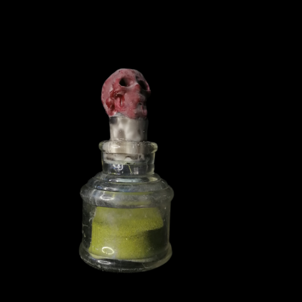 WIDOW'S CHEER APOTHECARY BOTTLE: An old antique ink pot, topped with an abstract sull, holds harmless green powder. 
