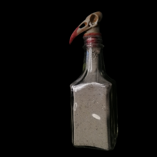 RAVEN'S ASHES APOTHECARY BOTTLE: A remedy bottle, topped with a fake raven skull, holds clean anthracite ash.